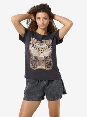 NMNATE S/S O-NECK WILD T-SHIRT JRS FWD Obsidian-MARBEL ROCK PRINT
