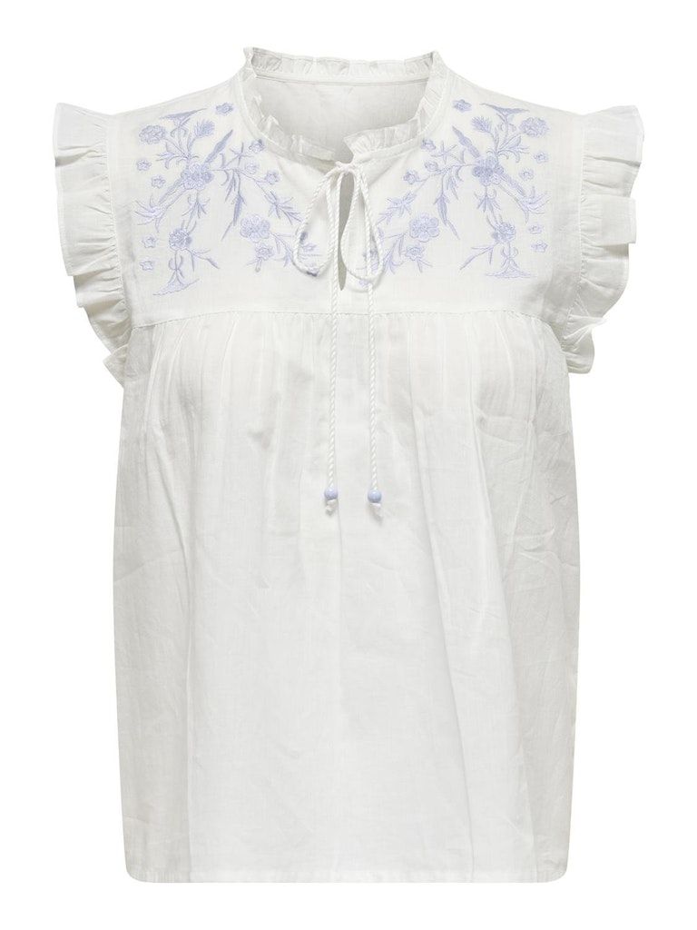 PGLESSY S/L EMB TOP WVN Cloud Dancer-CASHMERE BLUE EMB