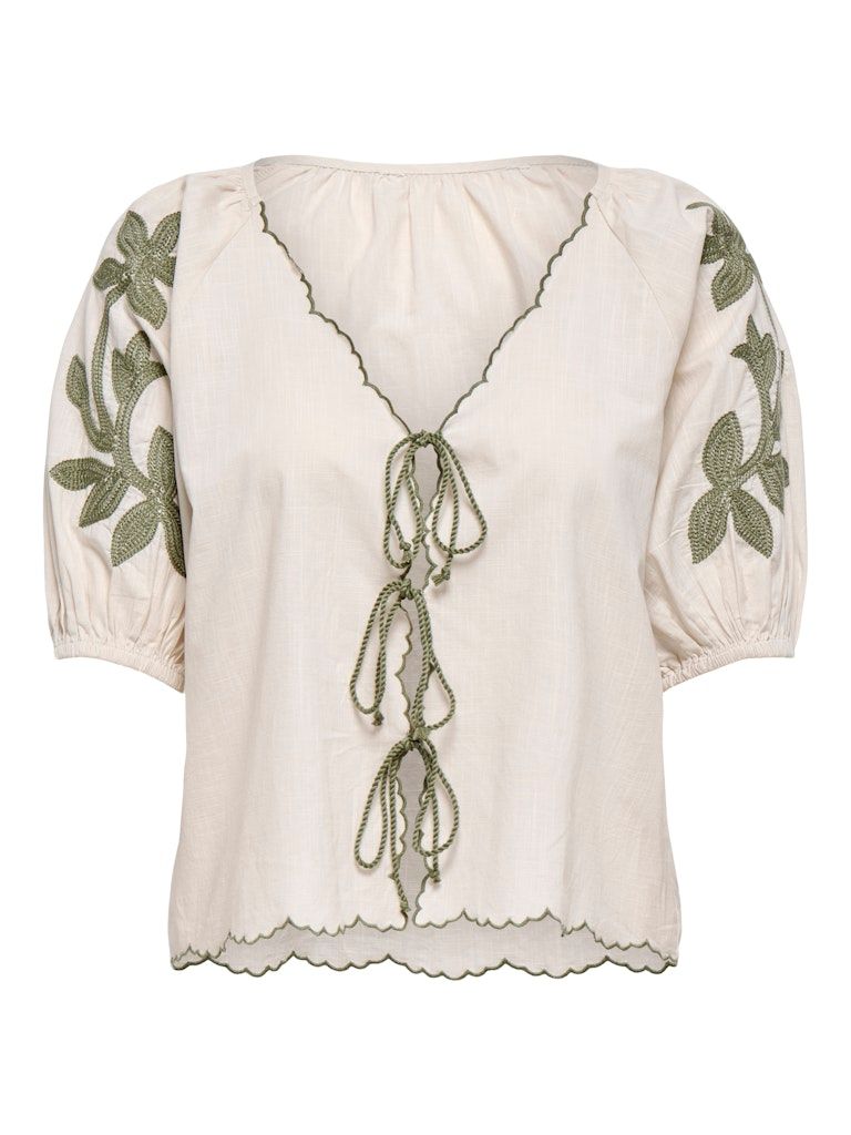 JDYFILUCA 2/4 EMBROIDERY TIE TOP WVN EXP Birch/WITH GREEN EMB