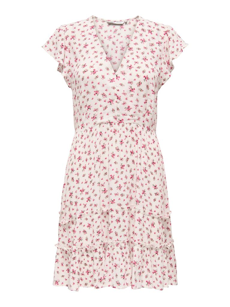 ONLCLAUDETTE LIFE SS MINI DRESS WVN NOOS Cloud Dancer/PINK FLOWER