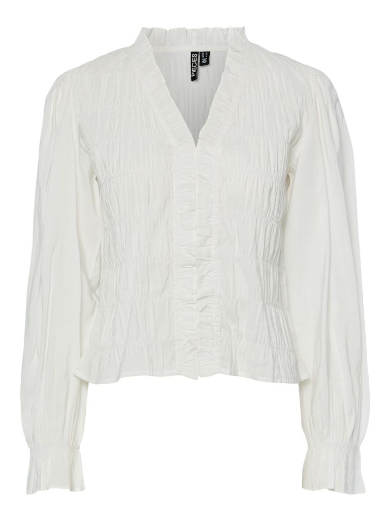 PCDEMMIE LS V-NECK FRILL BLOUSE D2D WVN Bright White