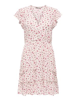 ONLCLAUDETTE LIFE SS MINI DRESS WVN NOOS Cloud Dancer/PINK FLOWER