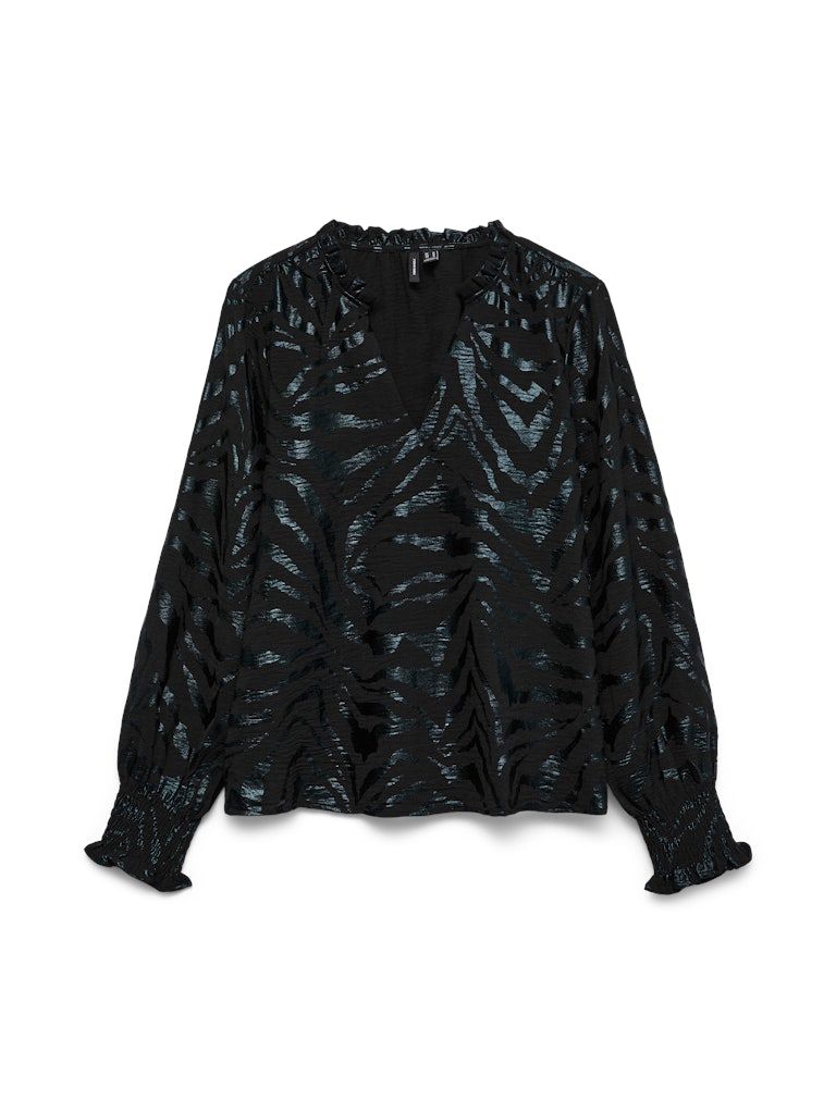 VMCARLA FOIL L/S V-NECK TOP WVN GA Black-Black zebra foil