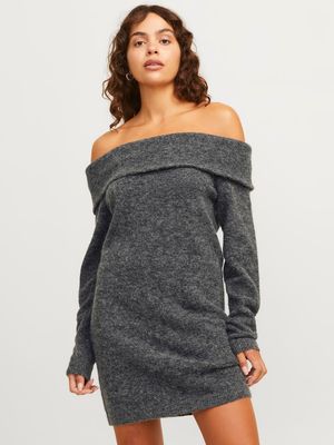 JXEVI OFF SHOULDER DRESS KNIT Dark Grey Melange