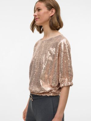 VMKAJE SS BALLOON SHORT SQ TOP JRS GA Pumice Stone-Champagne sequin