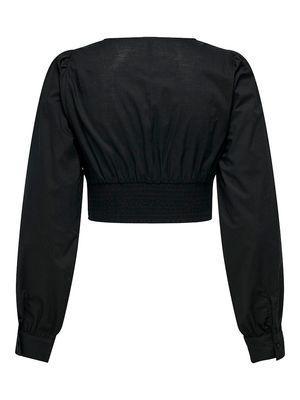 ONLLOU LIFE EMB L/S V-NECK SHORT TOP PTM Black