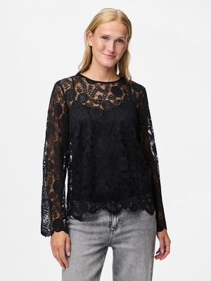 PCOLLINE LS LACE O-NECK TOP WVN NOOS Black
