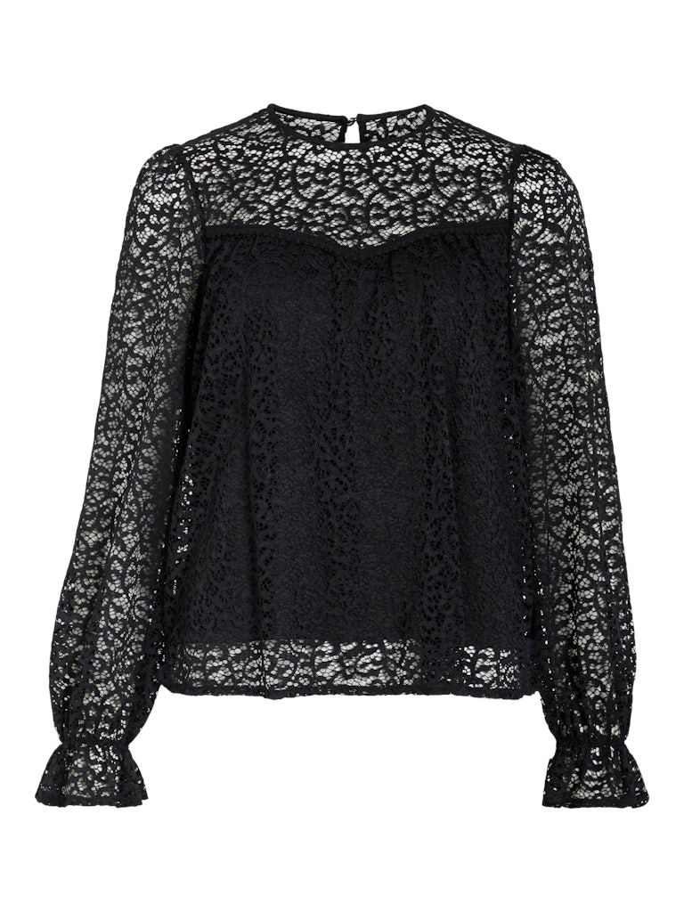 VIGLAZE L/S O-NECK LACE TOP/KA Black