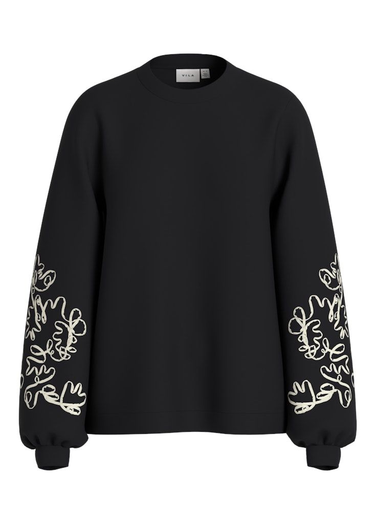 VISIFFI EMB O-NECK L/S SWEAT/LC Black Beauty-BIRCH EMB
