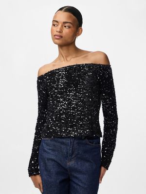 PCKAM LS OFFSHOULDER TOP JRS BC Black-Black sequins