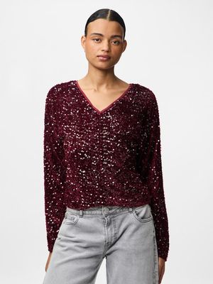 PCKAM LS V-NECK TOP JRS BC Tawny Port/Tawney po