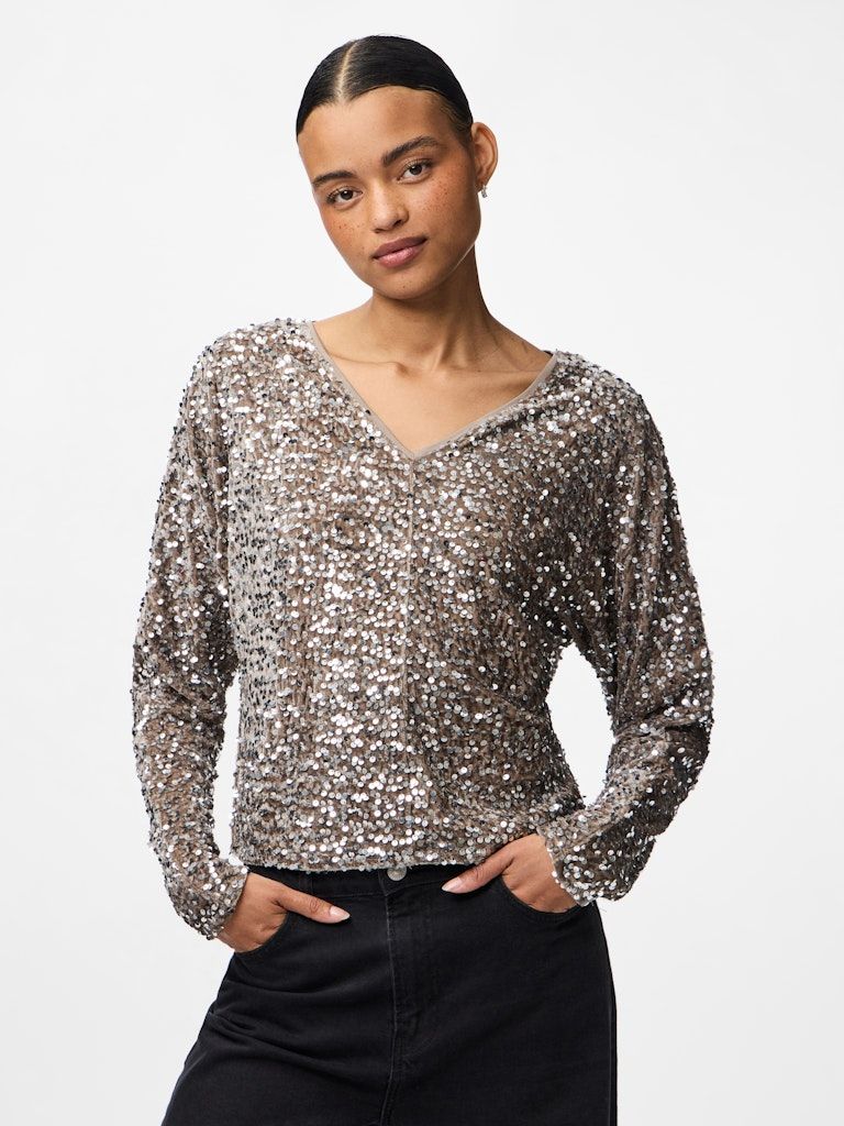 PCKAM LS V-NECK TOP JRS BC Morel/Silver sequins