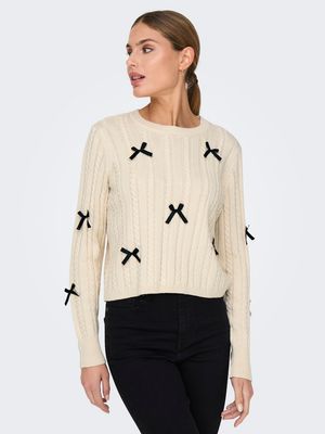 JDYBOW L/S ONECK CABLE PULLOVER KNT NOOS Birch-W. BLACK BOWS