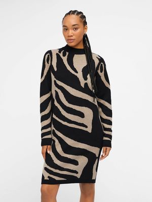 OBJRAY L/S KNIT DRESS AOP NOOS Black/FOSSIL BIG ANI
