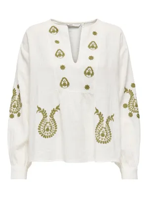 ONLMOON L/S EMB TOP WVN NOOS Cloud Dancer/GREEN E