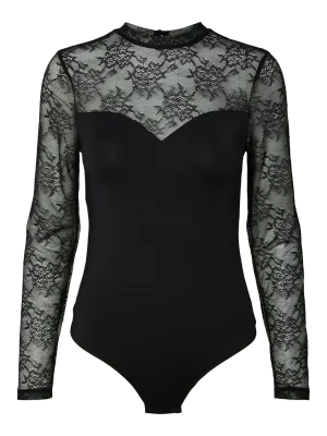 PCMILLY LS LACE BODYSTOCKING NOOS Black