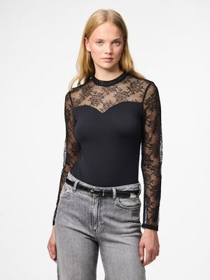 PCMILLY LS LACE BODYSTOCKING NOOS Black