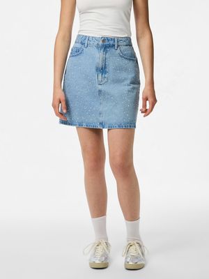 PCNOEL MW SHORT DENIM SKIRT D2D PP Light Blue Denim/RHINESTONES