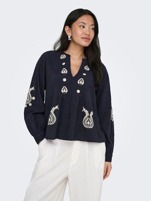 ONLMOON L/S EMB TOP WVN NOOS  Night Sky/HUMUS EMB