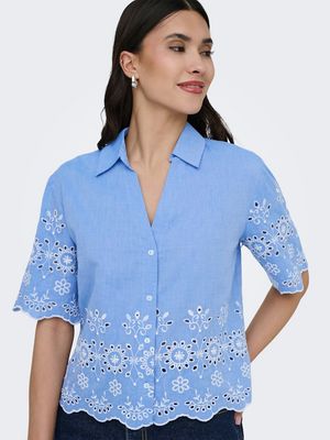 JDYMARINA 2/4 EMBROIDERY SHIRT WVN Blue Bonnet-BRIGHT WHITE EMBR
