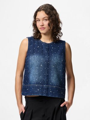 PCMERLE SL O-NECK DENIM TOP D2D FSY PP Dark Blue Denim