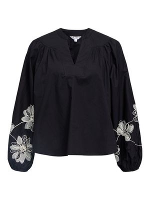 OBJMERLE HOPE L/S RE V-NECK TOP 143 Black-White embroidery