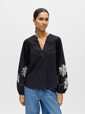 OBJMERLE HOPE L/S RE V-NECK TOP 143 Black-White embroidery