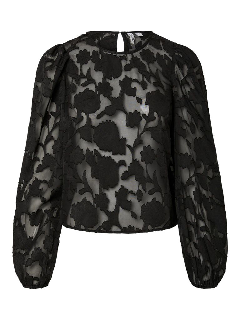 PCNEA LS LACE TOP WVN FSY PP Black