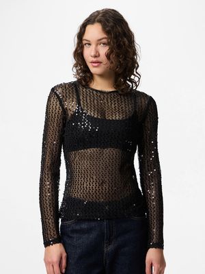 PCMACEY LS TOP JRS Black/Black sequins