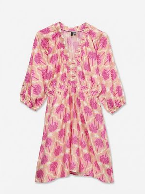 VMEVELIJN 3/4 SHORT DRESS EXP Snow White-SACHET PINK PALM