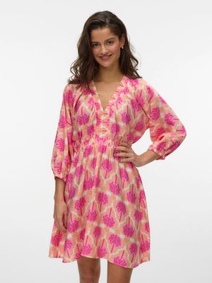 VMEVELIJN 3/4 SHORT DRESS EXP Snow White-SACHET PINK PALM
