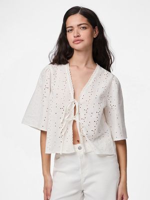 PCTYLA 2/4 V-NECK TIE TOP WVN D2D PP Cloud Cream