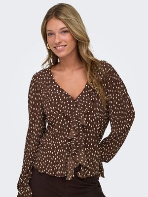 ONLKAFIE L/S FRILL TOP CS WVN Coffee Bean-W White dots