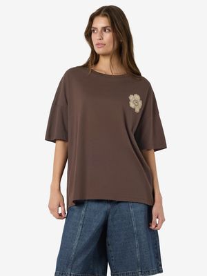 NMIDA S/S O-NECK STP T-SHIRT JRS Chocolate Brown