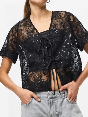 PCLOUISE 2/4 V-NECK TIE TOP WVN D2D Black