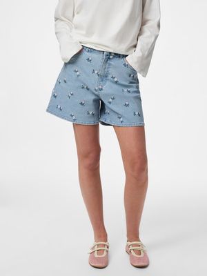 PCFLORA HW DENIM EMB SHORTS NOOS Light Blue Denim-PINK FLOWER E