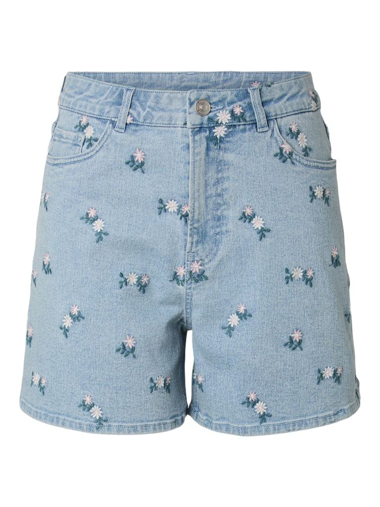 PCFLORA HW DENIM EMB SHORTS NOOS Light Blue Denim-PINK FLOWER E