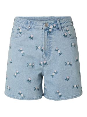 PCFLORA HW DENIM EMB SHORTS NOOS Light Blue Denim-PINK FLOWER E