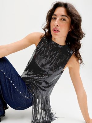 JXJADA SEQUIN FRINGE SL TOP WVN Black