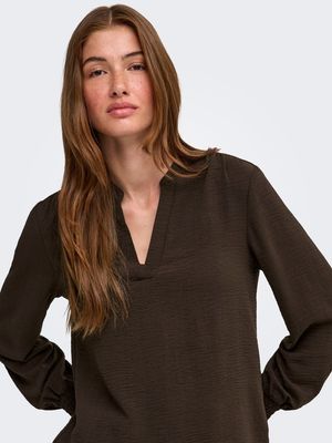 ONLMETTE V-NECK LS SMOCK TOP NOOS WVN Coffee Bean