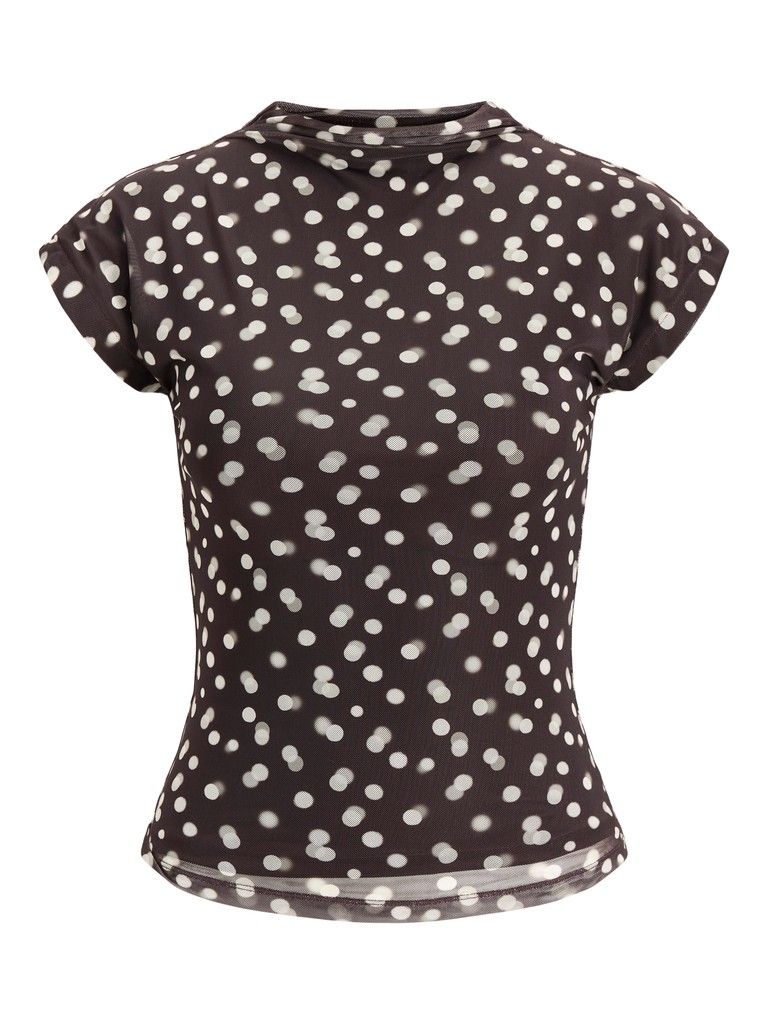 JXMINNA MESH SS HIGH NECK TOP WVN Demitasse/DOT