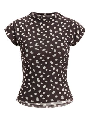 JXMINNA MESH SS HIGH NECK TOP WVN Demitasse/DOT