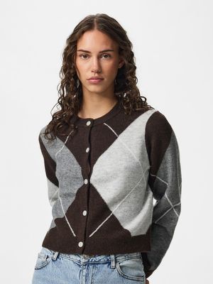 PCSALLY LS KNIT CHECK CARDIGAN BC Fudge