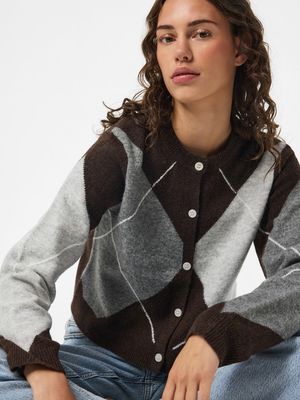 PCSALLY LS KNIT CHECK CARDIGAN BC Fudge