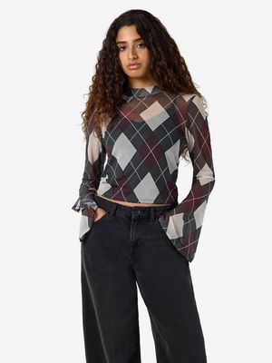 NMPERCY L/S WIDE MESH TOP Charcoal Gray-RED AND WHITE