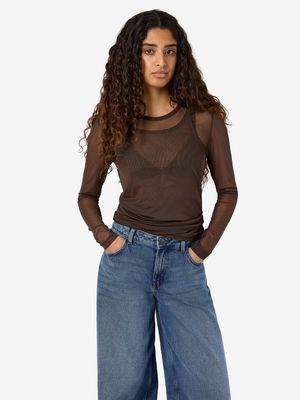NMJUDITH L/S DOUBLELAYER MESH TOP TNT/14 Chocolate Brown