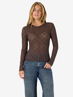 NMJUDITH L/S LACE TOP NOOS Chocolate Brown