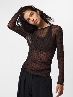 PCBOBO LS MESH ROUCHING TOP JRS NOOS Hot Fudge-TINY BLACK DOTS