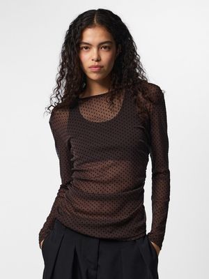 PCBOBO LS MESH ROUCHING TOP JRS NOOS Hot Fudge-TINY BLACK DOTS