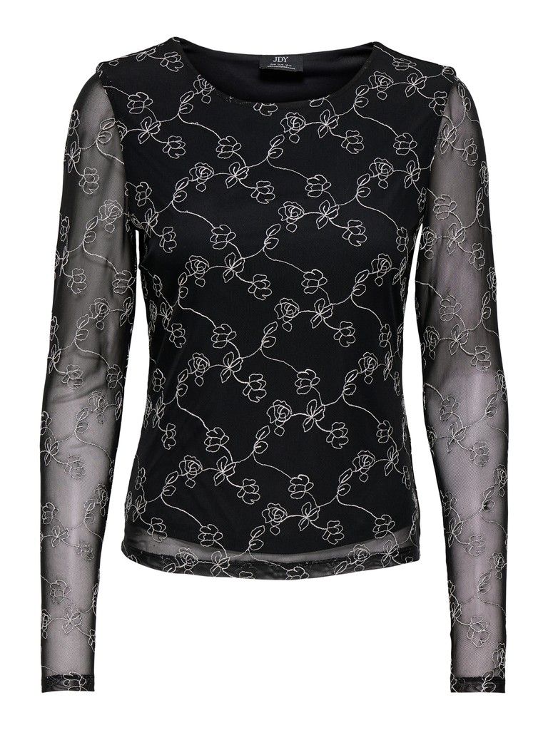 JDYLEMON L/S EMB O-NECK TOP JRS Black-GOLD FLOWER EMB